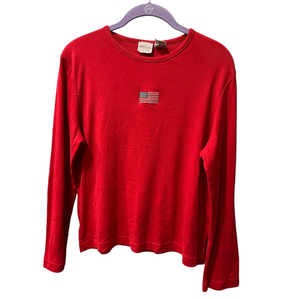 Vintage Fiorlini American Flag Embroidered Red Long Sleeved Tee L